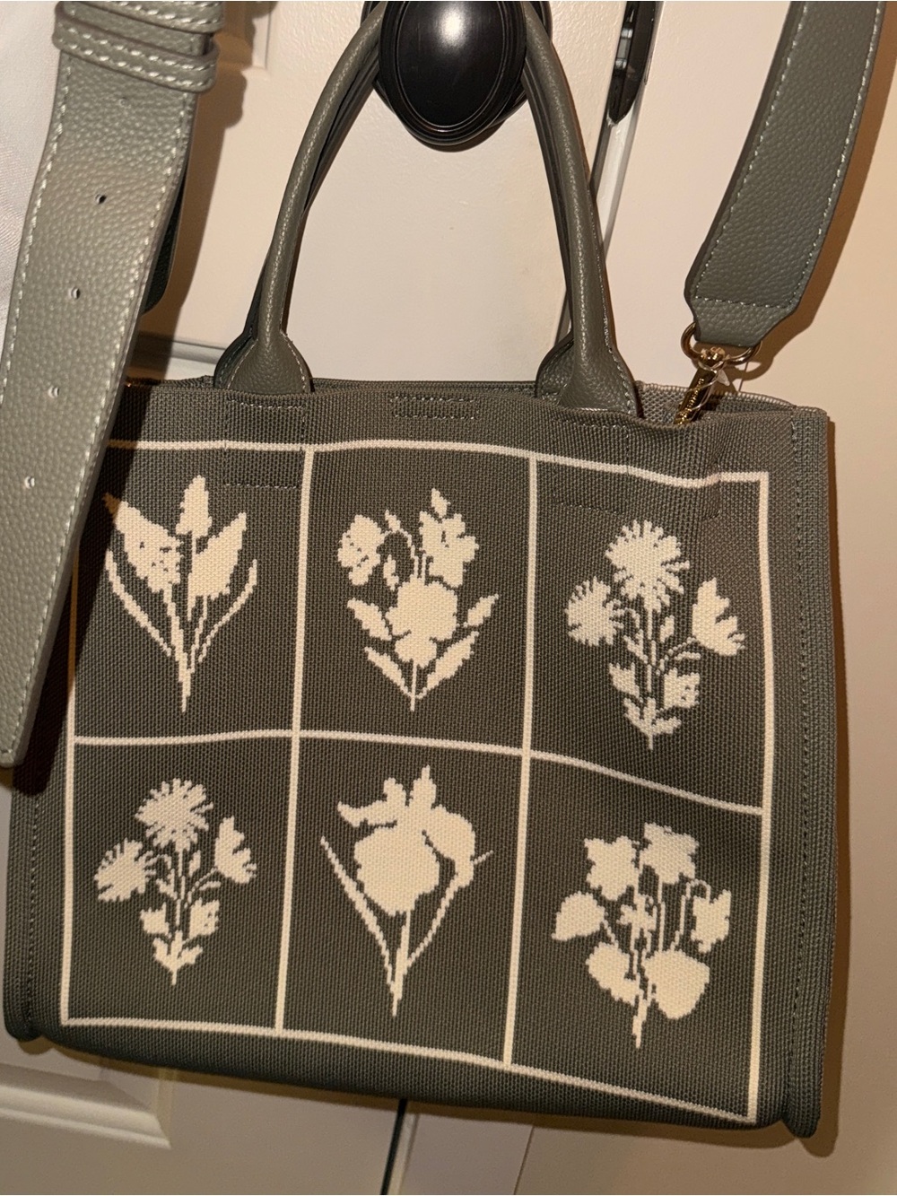 Nanette Lepore Olive Green and Cream Floral Crossbody Tote